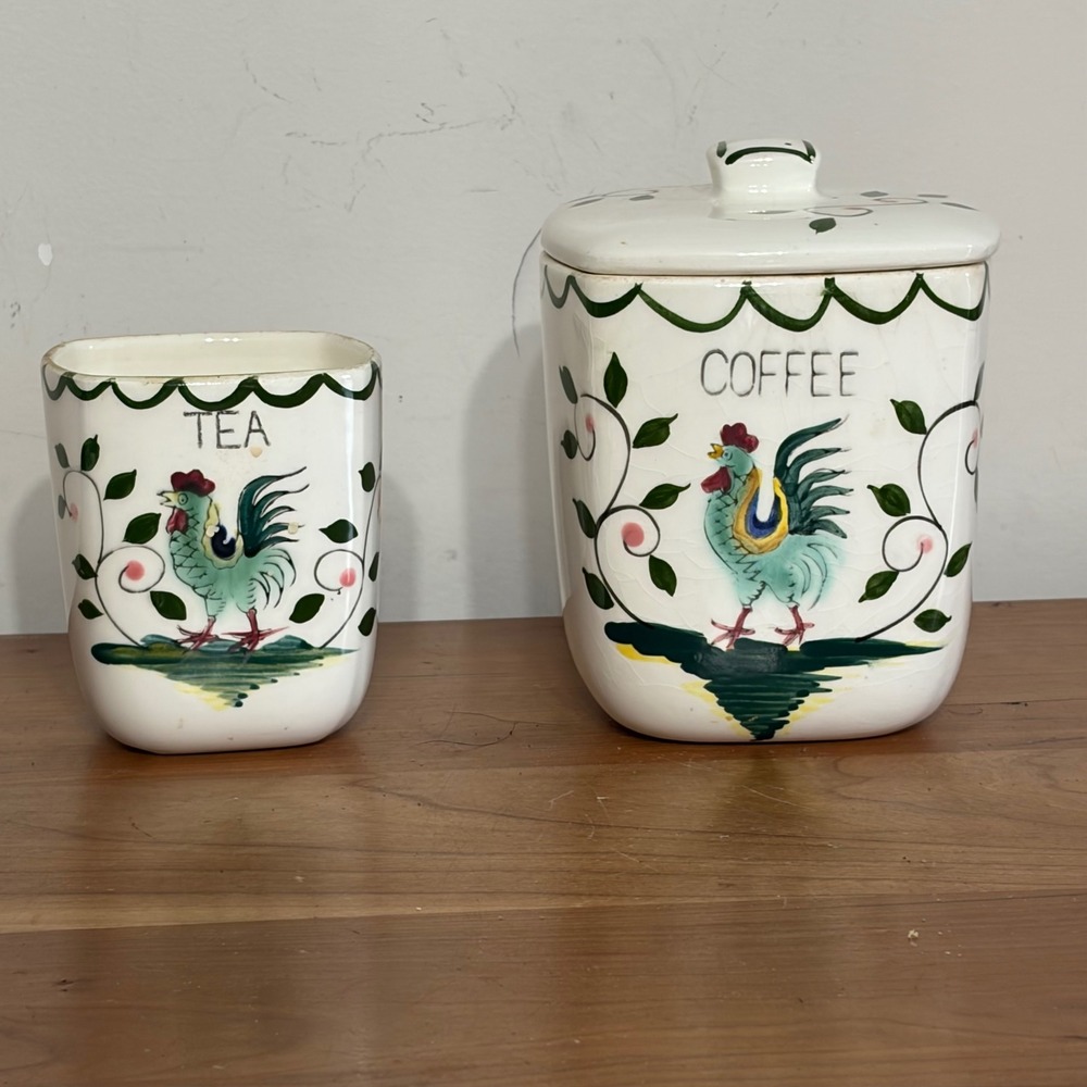 Vintage Rooster Ceramic Coffee and Tea Canister Set Farmhouse Kitchen Decor